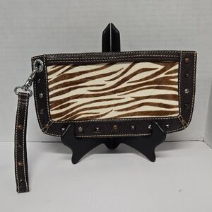 Brighton Brown Zebra Print Calf Hair Clutch/Wristlet w/Stud Accents EUC 11"x5.5"